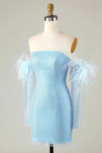 Blue Tight Beaded Short Homecoming Dress With Detachable Sleeves by WEDTREND