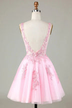 Cute Pink Glitter Sequin Short Backless Homecoming Dress with Appliques by WEDTREND