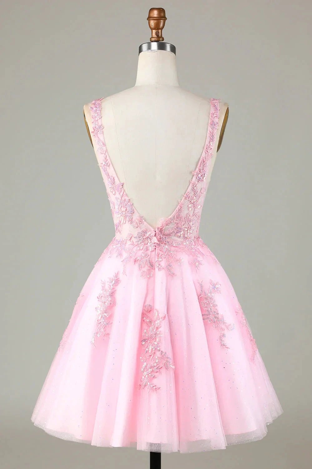 Cute Pink Glitter Sequin Short Backless Homecoming Dress with Appliques by WEDTREND