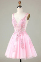 Cute Pink Glitter Sequin Short Backless Homecoming Dress with Appliques by WEDTREND