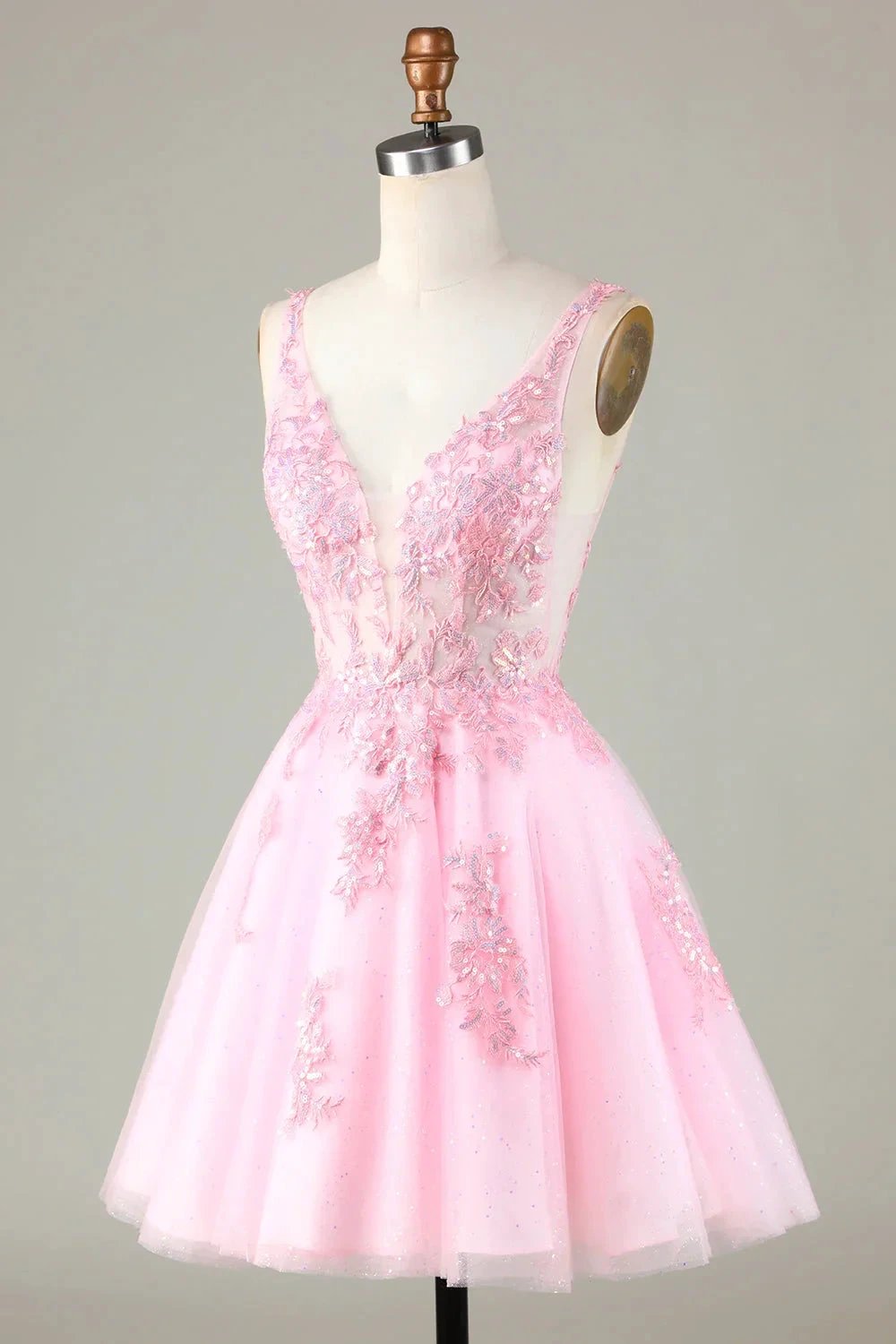 Cute Pink Glitter Sequin Short Backless Homecoming Dress with Appliques by WEDTREND