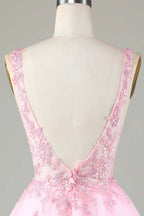 Cute Pink Glitter Sequin Short Backless Homecoming Dress with Appliques by WEDTREND