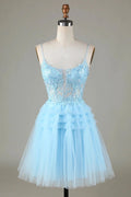 Cute A Line Spaghetti Straps Glitter Blue Short Homecoming Dress with Appliques by WEDTREND