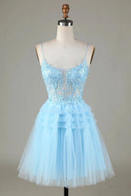 Cute A Line Spaghetti Straps Glitter Blue Short Homecoming Dress with Appliques by WEDTREND