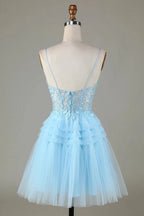 Cute A Line Spaghetti Straps Glitter Blue Short Homecoming Dress with Appliques by WEDTREND