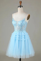 Cute A Line Spaghetti Straps Glitter Blue Short Homecoming Dress with Appliques by WEDTREND