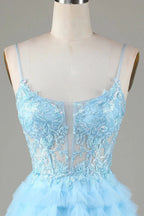 Cute A Line Spaghetti Straps Glitter Blue Short Homecoming Dress with Appliques by WEDTREND