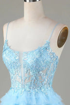 Cute A Line Spaghetti Straps Glitter Blue Short Homecoming Dress with Appliques by WEDTREND