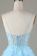 Cute A Line Spaghetti Straps Glitter Blue Short Homecoming Dress with Appliques by WEDTREND