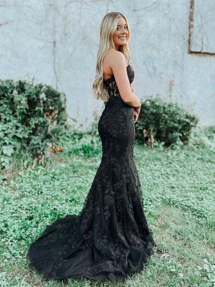 Black tulle lace mermaid long prom dress, black tulle lace evening dress Y1788 by simplepromdress
