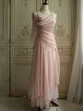 Pretty Pink Chiffon Sweetheart Spaghetti Straps Long Prom Evening Dress With Pearls Y8290 by simplepromdress