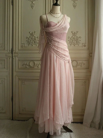 Pretty Pink Chiffon Sweetheart Spaghetti Straps Long Prom Evening Dress With Pearls Y8290