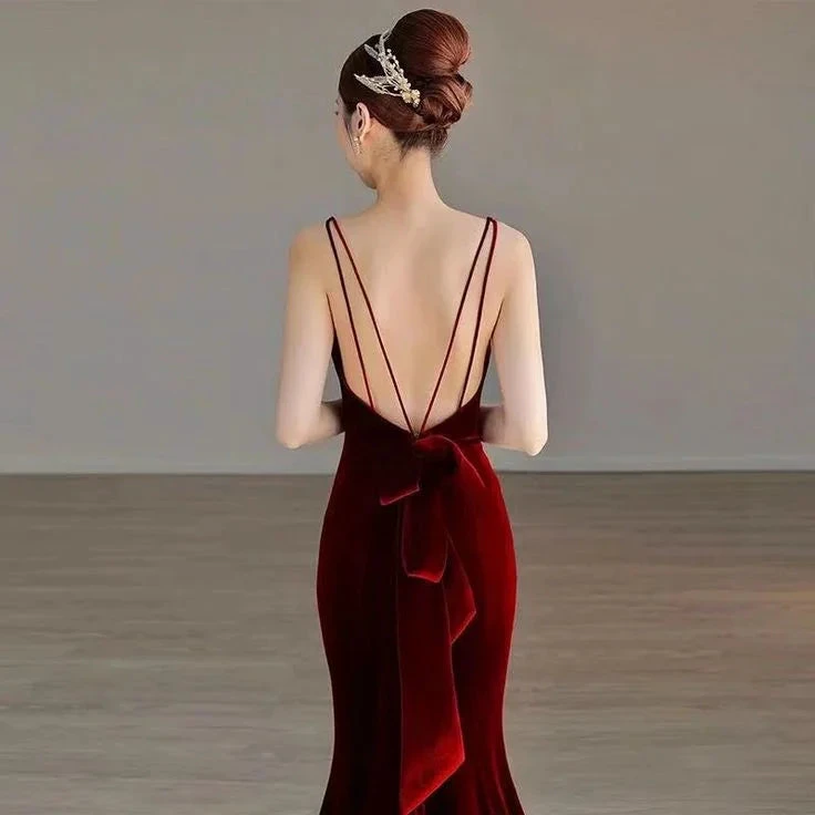 Elegant Red Velvet mermaid Evening Dress Long Prom Dress Y7824 by simplepromdress