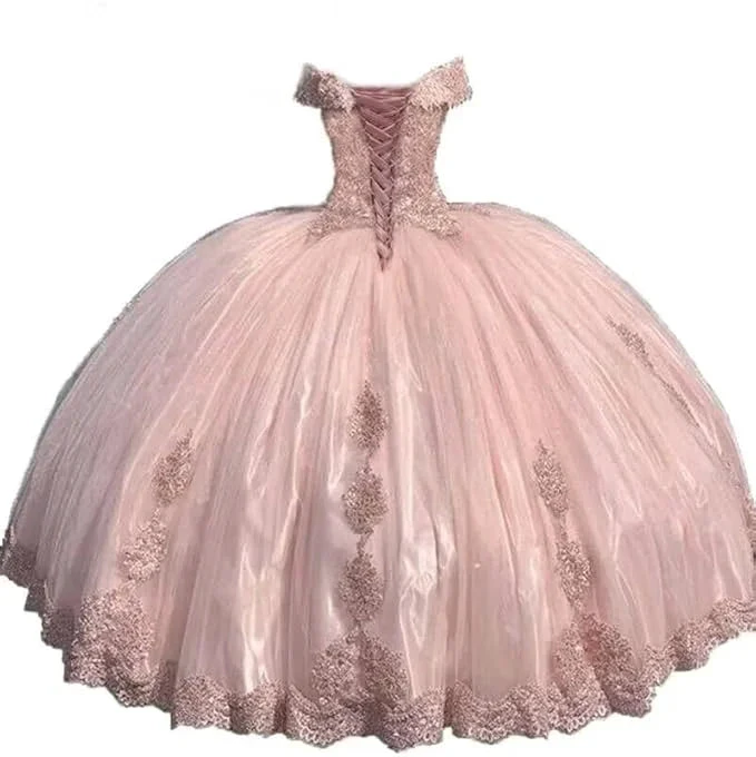 Sweet Pink Off The Shoulder Tulle LaceAppliques Ball Gown Quinceanera Dress Y7728 by simplepromdress