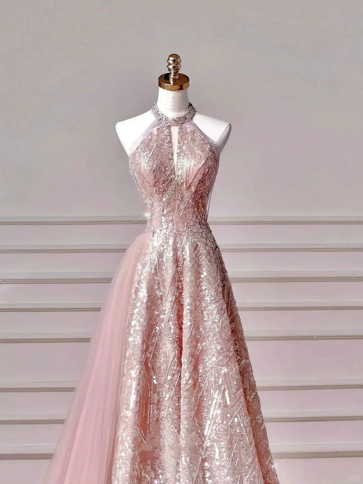 Sparkly Pink Halter Sequins Tulle A Line Prom Dress Evening Dress Y8608 by simplepromdress