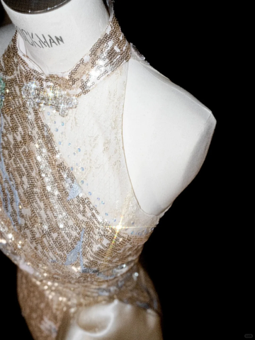Glitter Champagne Gold Sequin Sheath Prom Dress Halter Long Evening Dress Y8653