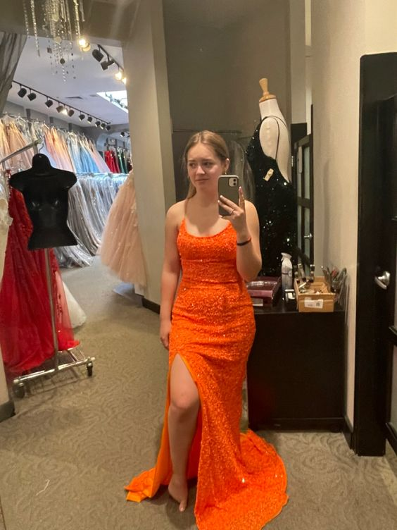 Sparkly Orange Prom Dresses Sleeveless Sequined Slit Evening Gown Y7012 Hover Image