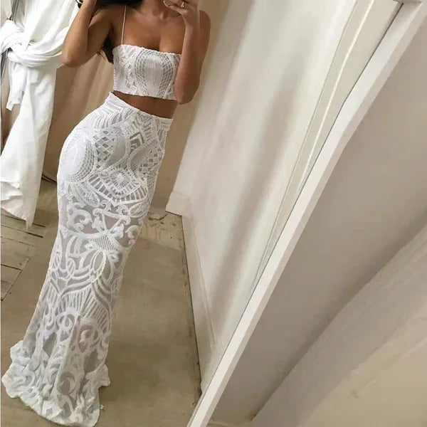 Robe de mariée sirène blanche en deux pièces Robe de mariage de plage sexy Y1386