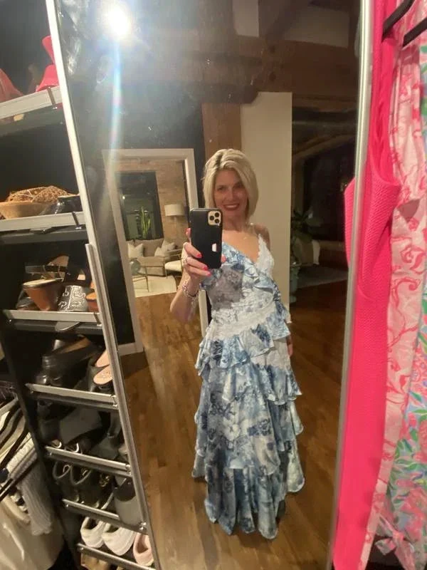 Gorgeous Blue Sleeveless V-Neck Lace Ruffle Tiered Evening Dress Formal Prom Dress Y8460 by simplepromdress