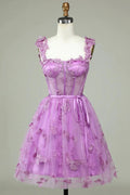 Cute Purple A Line Corset Short Homecoming Dress with Appliques by WEDTREND