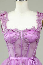 Cute Purple A Line Corset Short Homecoming Dress with Appliques by WEDTREND