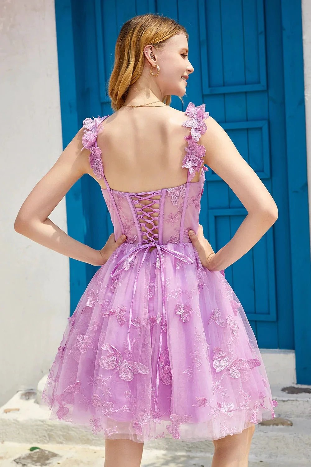 Cute A Line Corset Short Purple Homecoming Dress with Appliques by WEDTREND