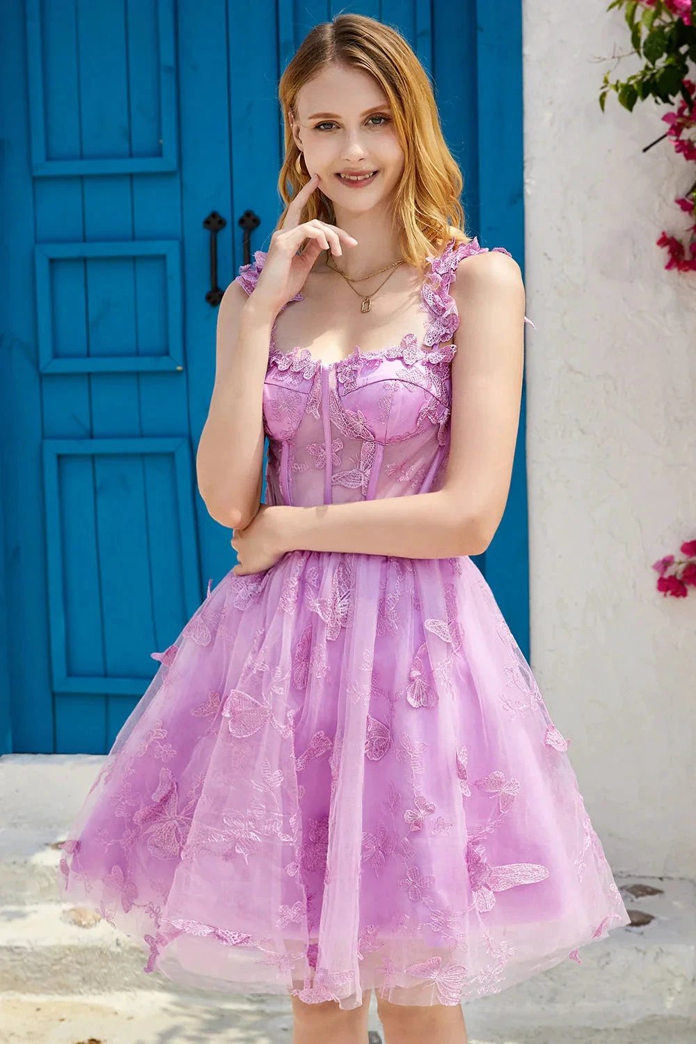 Cute A Line Corset Short Purple Homecoming Dress with Appliques by WEDTREND