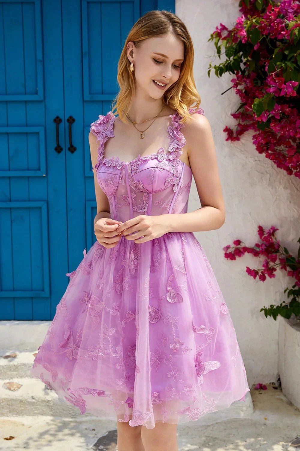 Cute A Line Corset Short Purple Homecoming Dress with Appliques by WEDTREND