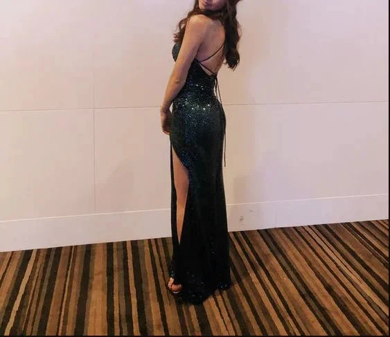 Sparkly Mermaid Spaghetti Straps Dark Green Sequins Long Prom Dresses With Split Formal Evening Gowns Y1460 by simplepromdress