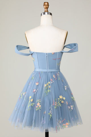 Cute Grey Blue A Line Sweetheart Short Homecoming Dress with Embroidery