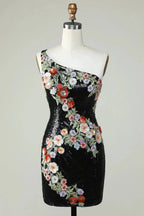 Bodycon One Shoulder Black Sequin Beading Homecoming Dress with 3d Flowers by WEDTREND