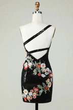 Bodycon One Shoulder Black Sequin Beading Homecoming Dress with 3d Flowers by WEDTREND