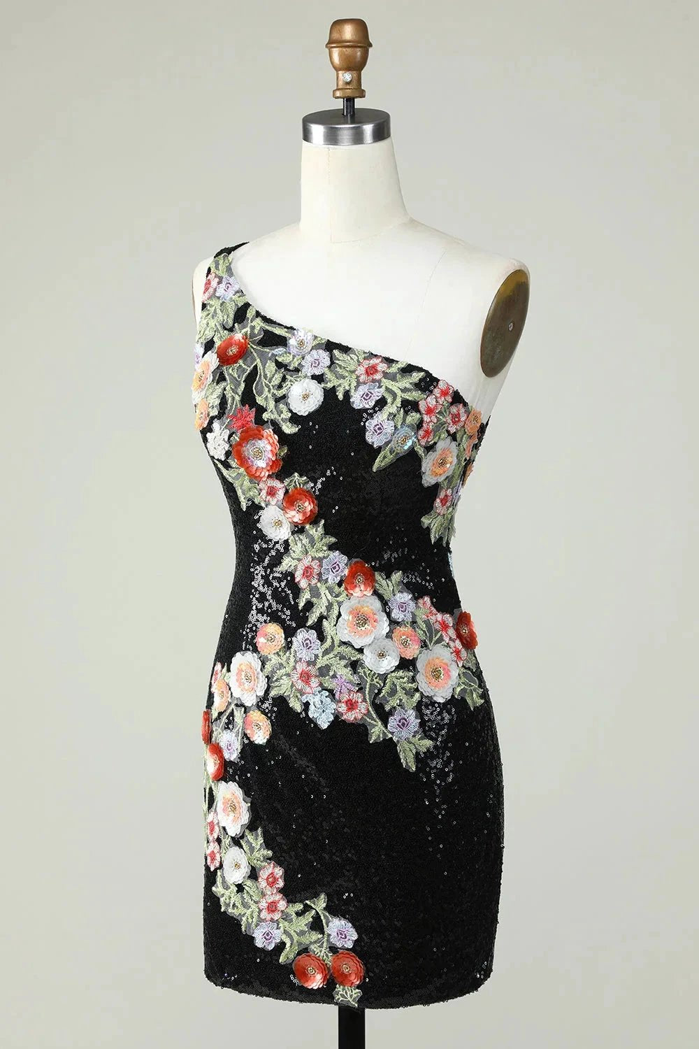 Bodycon One Shoulder Black Sequin Beading Homecoming Dress with 3d Flowers by WEDTREND