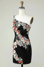 Bodycon One Shoulder Black Sequin Beading Homecoming Dress with 3d Flowers by WEDTREND
