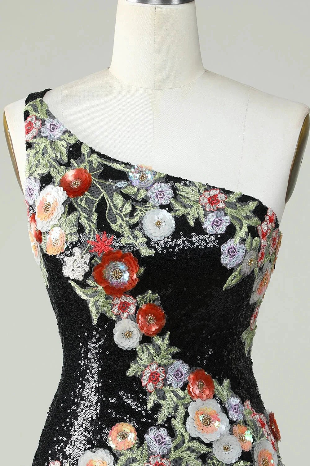 Bodycon One Shoulder Black Sequin Beading Homecoming Dress with 3d Flowers by WEDTREND