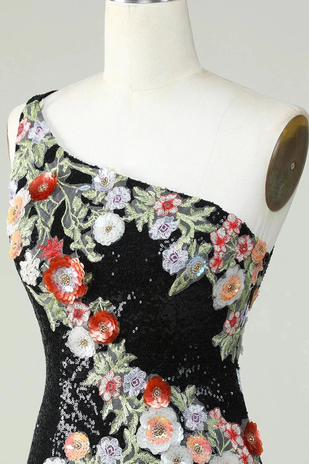 Bodycon One Shoulder Black Sequin Beading Homecoming Dress with 3d Flowers by WEDTREND