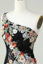 Bodycon One Shoulder Black Sequin Beading Homecoming Dress with 3d Flowers by WEDTREND