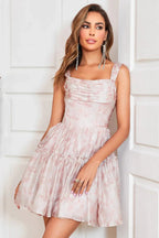 Cute Blush A Line Off The Shoulder Corset Pleated Unique Print Homecoming Dress with Ruffles by WEDTREND
