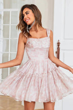 Cute Blush A Line Off The Shoulder Corset Pleated Unique Print Homecoming Dress with Ruffles by WEDTREND