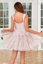 Cute Blush A Line Off The Shoulder Corset Pleated Unique Print Homecoming Dress with Ruffles by WEDTREND