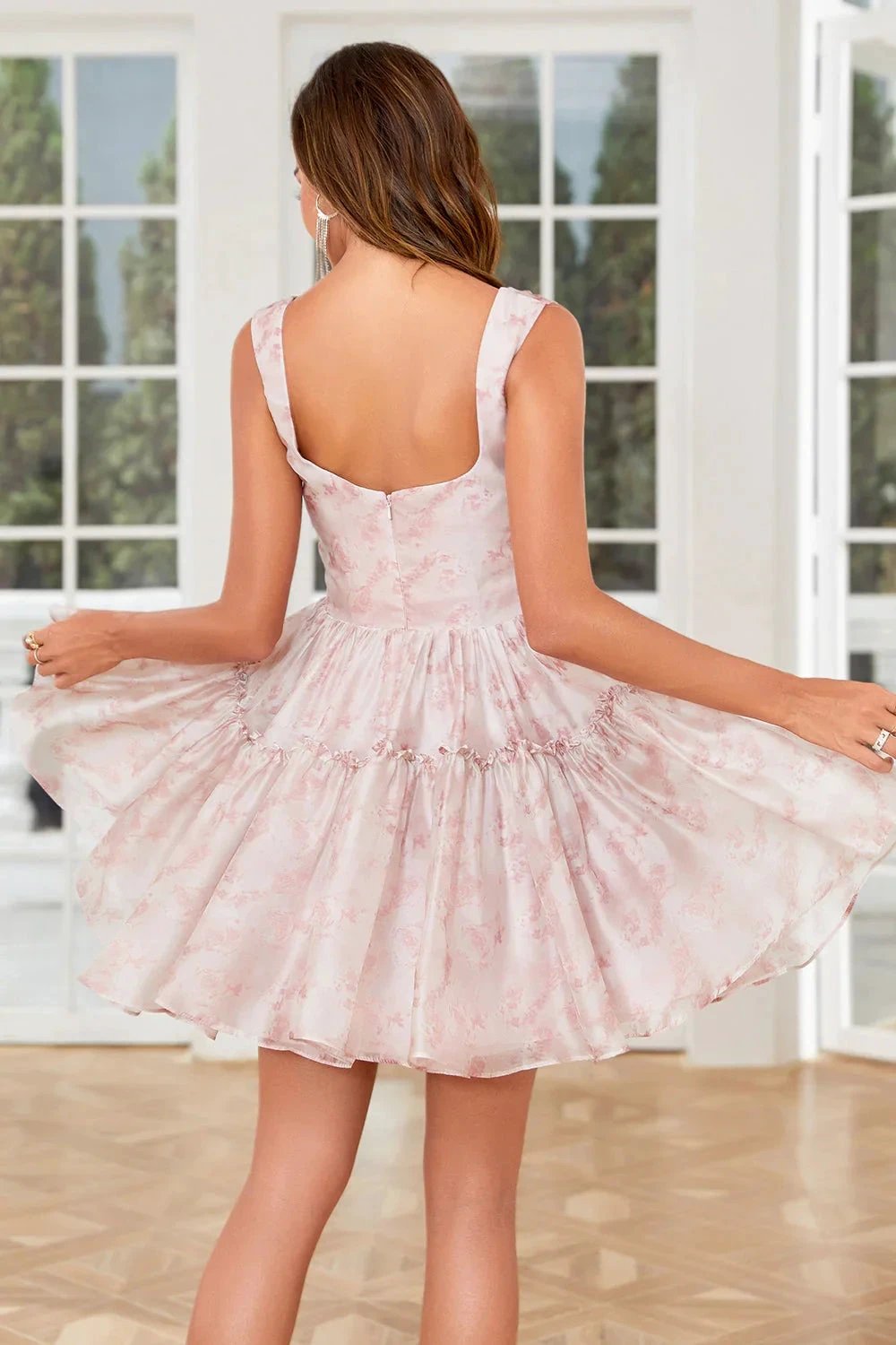 Cute Blush A Line Off The Shoulder Corset Pleated Unique Print Homecoming Dress with Ruffles by WEDTREND