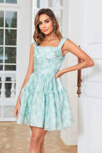 Cute Blush A Line Off The Shoulder Corset Pleated Unique Print Homecoming Dress with Ruffles by WEDTREND