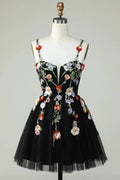 Black A Line Spaghetti Straps Sequin Homecoming Dress with Flowers by WEDTREND