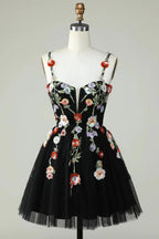 Black A Line Spaghetti Straps Sequin Homecoming Dress with Flowers by WEDTREND