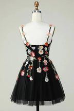Black A Line Spaghetti Straps Sequin Homecoming Dress with Flowers by WEDTREND