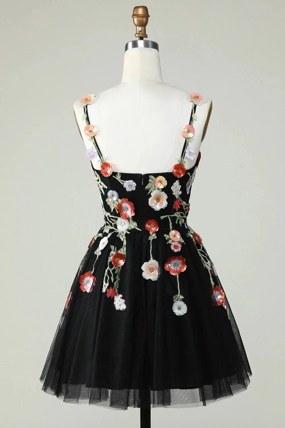 Black A Line Spaghetti Straps Sequin Homecoming Dress with Flowers by WEDTREND
