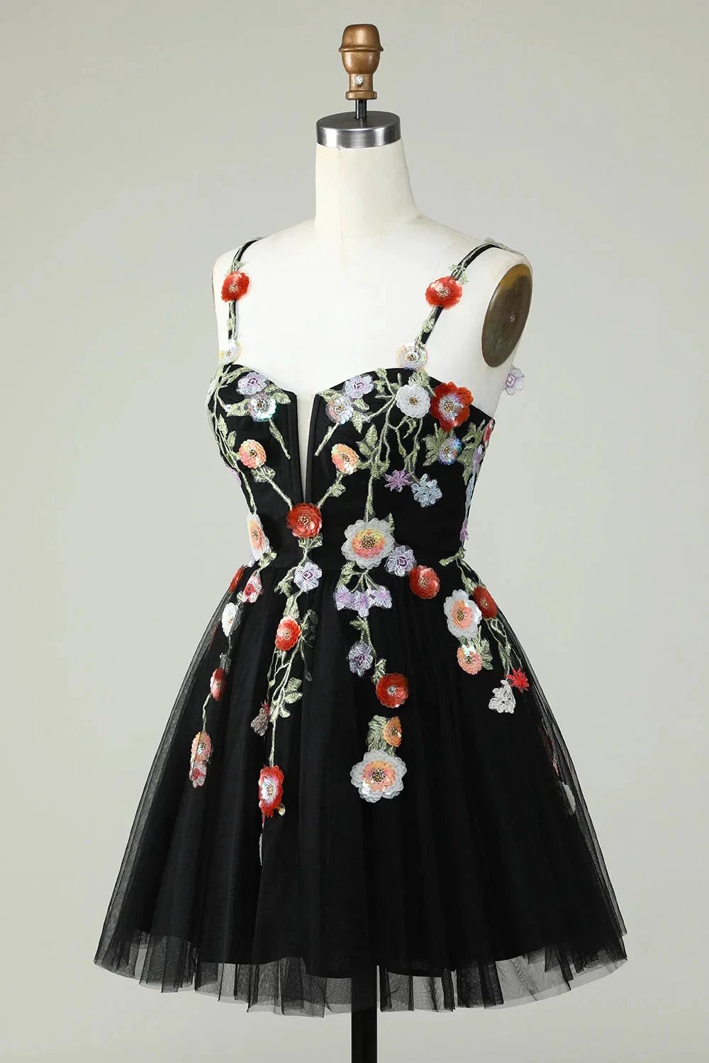 Black A Line Spaghetti Straps Sequin Homecoming Dress with Flowers by WEDTREND