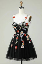 Black A Line Spaghetti Straps Sequin Homecoming Dress with Flowers by WEDTREND