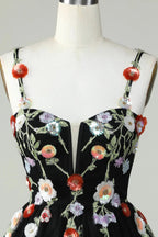 Black A Line Spaghetti Straps Sequin Homecoming Dress with Flowers by WEDTREND