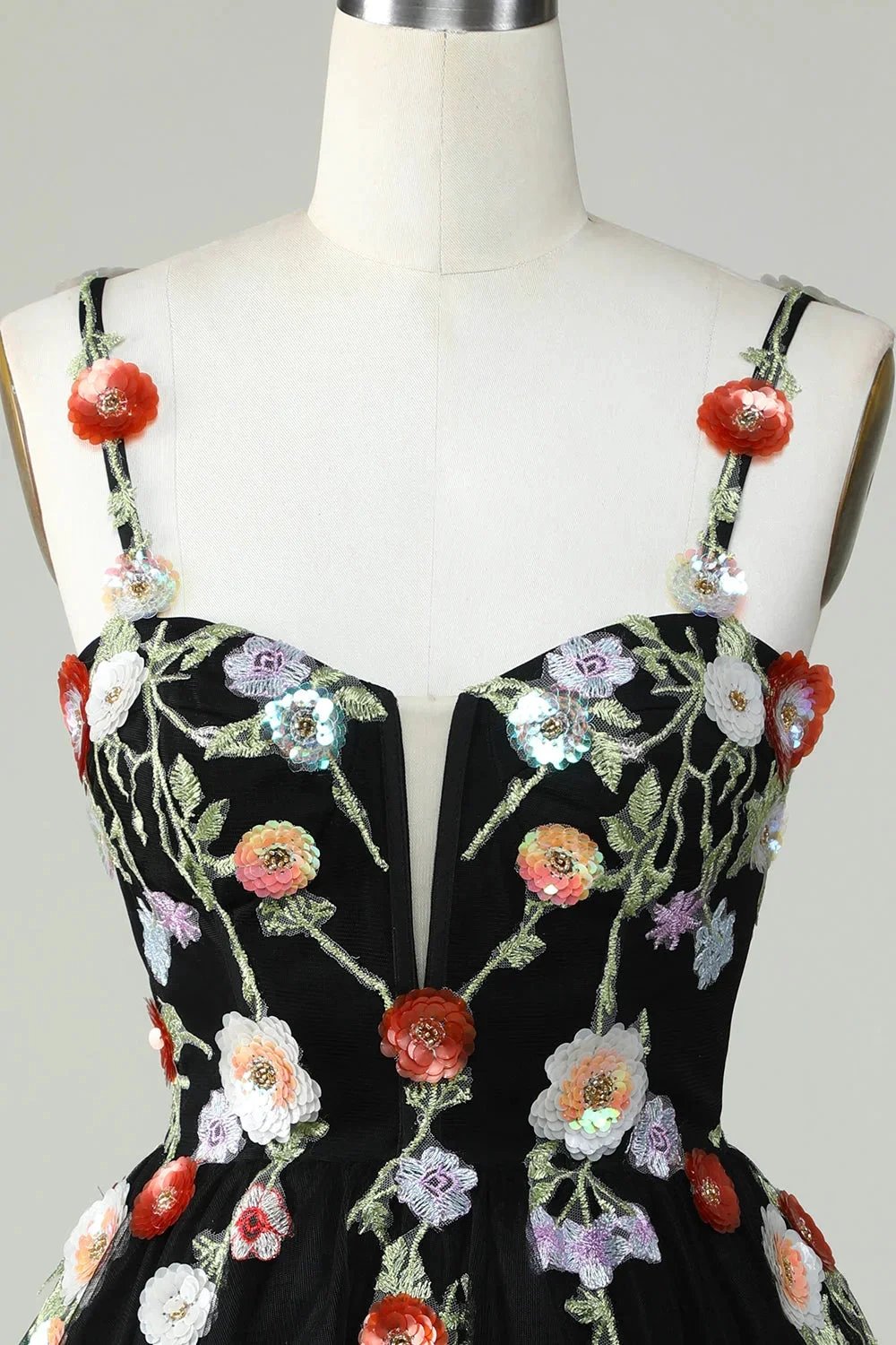 Black A Line Spaghetti Straps Sequin Homecoming Dress with Flowers by WEDTREND